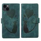 For iPhone 14 Plus Pen Heart Cat Embossed Leather Phone Case(Green) - 1