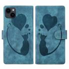 For iPhone 14 Plus Pen Heart Cat Embossed Leather Phone Case(Blue) - 1
