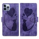 For iPhone 13 Pro Max Pen Heart Cat Embossed Leather Phone Case(Purple) - 1