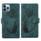 For iPhone 13 Pro Max Pen Heart Cat Embossed Leather Phone Case(Green) - 1