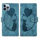 For iPhone 13 Pro Max Pen Heart Cat Embossed Leather Phone Case(Blue) - 1