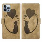 For iPhone 13 Pro Pen Heart Cat Embossed Leather Phone Case(Apricot) - 1