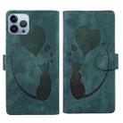 For iPhone 13 Pro Pen Heart Cat Embossed Leather Phone Case(Green) - 1