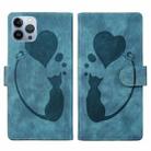 For iPhone 13 Pro Pen Heart Cat Embossed Leather Phone Case(Blue) - 1