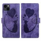 For iPhone 13 Pen Heart Cat Embossed Leather Phone Case(Purple) - 1