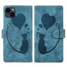 For iPhone 13 Pen Heart Cat Embossed Leather Phone Case(Blue) - 1