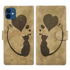 For iPhone 12 Pen Heart Cat Embossed Leather Phone Case(Apricot) - 1