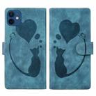 For iPhone 12 Pen Heart Cat Embossed Leather Phone Case(Blue) - 1