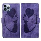 For iPhone 12 Pro Pen Heart Cat Embossed Leather Phone Case(Purple) - 1