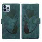 For iPhone 12 Pro Pen Heart Cat Embossed Leather Phone Case(Green) - 1