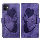 For iPhone 11 Pen Heart Cat Embossed Leather Phone Case(Purple) - 1