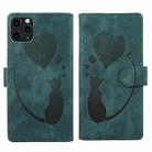 For iPhone 11 Pro Pen Heart Cat Embossed Leather Phone Case(Green) - 1