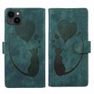 For iPhone 13 mini Pen Heart Cat Embossed Leather Phone Case(Green) - 1
