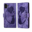 For iPhone 17 Pen Heart Cat Embossed Leather Phone Case(Purple) - 1