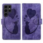 For Samsung Galaxy S23 Ultra 5G Pen Heart Cat Embossed Leather Phone Case(Purple) - 1