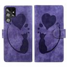 For Samsung Galaxy S22 Ultra 5G Pen Heart Cat Embossed Leather Phone Case(Purple) - 1