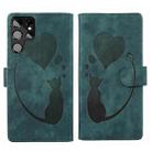 For Samsung Galaxy S22 Ultra 5G Pen Heart Cat Embossed Leather Phone Case(Green) - 1