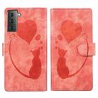 For Samsung Galaxy S22+ 5G Pen Heart Cat Embossed Leather Phone Case(Orange) - 1