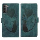 For Samsung Galaxy S22+ 5G Pen Heart Cat Embossed Leather Phone Case(Green) - 1