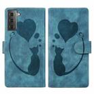 For Samsung Galaxy S22+ 5G Pen Heart Cat Embossed Leather Phone Case(Blue) - 1