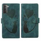 For Samsung Galaxy S22 5G Pen Heart Cat Embossed Leather Phone Case(Green) - 1