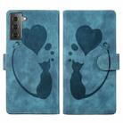 For Samsung Galaxy S22 5G Pen Heart Cat Embossed Leather Phone Case(Blue) - 1