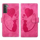 For Samsung Galaxy S22 5G Pen Heart Cat Embossed Leather Phone Case(Pink) - 1