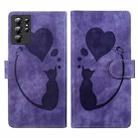 For Samsung Galaxy S21 Ultra 5G Pen Heart Cat Embossed Leather Phone Case(Purple) - 1