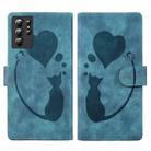 For Samsung Galaxy S21 Ultra 5G Pen Heart Cat Embossed Leather Phone Case(Blue) - 1