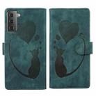 For Samsung Galaxy S21+ 5G Pen Heart Cat Embossed Leather Phone Case(Green) - 1