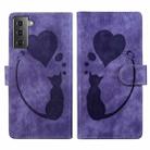 For Samsung Galaxy S21 5G Pen Heart Cat Embossed Leather Phone Case(Purple) - 1