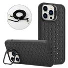 For iPhone 15 Pro Max Honeycomb Radiating Holder TPU Phone Case with Lanyard(Black) - 1