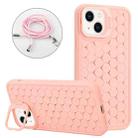 For iPhone 15 Plus Honeycomb Radiating Holder TPU Phone Case with Lanyard(Pink) - 1