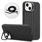 For iPhone 15 Honeycomb Radiating Holder TPU Phone Case with Lanyard(Black) - 1