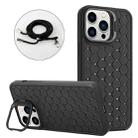 For iPhone 14 Pro Max Honeycomb Radiating Holder TPU Phone Case with Lanyard(Black) - 1