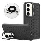 For Samsung Galaxy S23 FE 5G Honeycomb Radiating Holder TPU Phone Case with Lanyard(Black) - 1