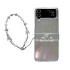 For Samsung Galaxy Z Flip4 5G Skin Feel PC Feather Gauze Glitter Paper Camellia Phone Case with Bracelet(Transparent) - 1