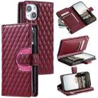 For iPhone 15 Plus Glitter Lattice Zipper Wallet Leather Phone Case(Wine Red) - 1
