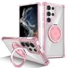 For Samsung Galaxy S22 Ultra 5G Gold Shield CD Pattern MagSafe Magnetic Phone Case with Rotating Stand(Transparent Pink) - 1