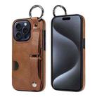 For iPhone 15 Pro Max Calf Texture Wrist Card Slot Ring Phone Case(Brown) - 1