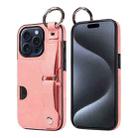 For iPhone 15 Pro Calf Texture Wrist Card Slot Ring Phone Case(Pink) - 1