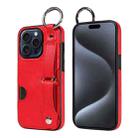 For iPhone 15 Pro Calf Texture Wrist Card Slot Ring Phone Case(Red) - 1