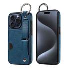 For iPhone 15 Pro Calf Texture Wrist Card Slot Ring Phone Case(Blue) - 1