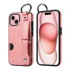 For iPhone 15 Plus Calf Texture Wrist Card Slot Ring Phone Case(Pink) - 1