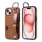 For iPhone 15 Plus Calf Texture Wrist Card Slot Ring Phone Case(Brown) - 1