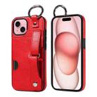 For iPhone 15 Plus Calf Texture Wrist Card Slot Ring Phone Case(Red) - 1