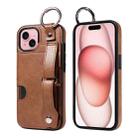 For iPhone 15 Calf Texture Wrist Card Slot Ring Phone Case(Brown) - 1