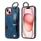 For iPhone 15 Calf Texture Wrist Card Slot Ring Phone Case(Blue) - 1