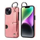 For iPhone 14 Plus Calf Texture Wrist Card Slot Ring Phone Case(Pink) - 1