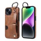 For iPhone 14 Plus Calf Texture Wrist Card Slot Ring Phone Case(Brown) - 1